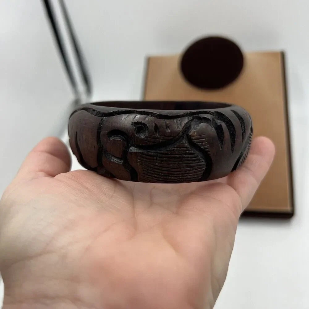 Hand Carved Wooden Safari Animal Rhino Elephant Bangle Bracelet Handmade